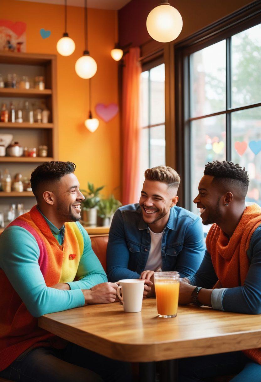 A warm and inviting scene capturing a diverse group of gay men sharing laughter and support in a cozy café setting, adorned with colorful décor. Include subtle heart symbols in the background and a spectrum of rainbow colors to symbolize love and inclusivity. Emphasize genuine connections with friendly facial expressions and open body language. Highlight a vibrant atmosphere with soft lighting to create a welcoming feel. super-realistic. vibrant colors. cozy style.