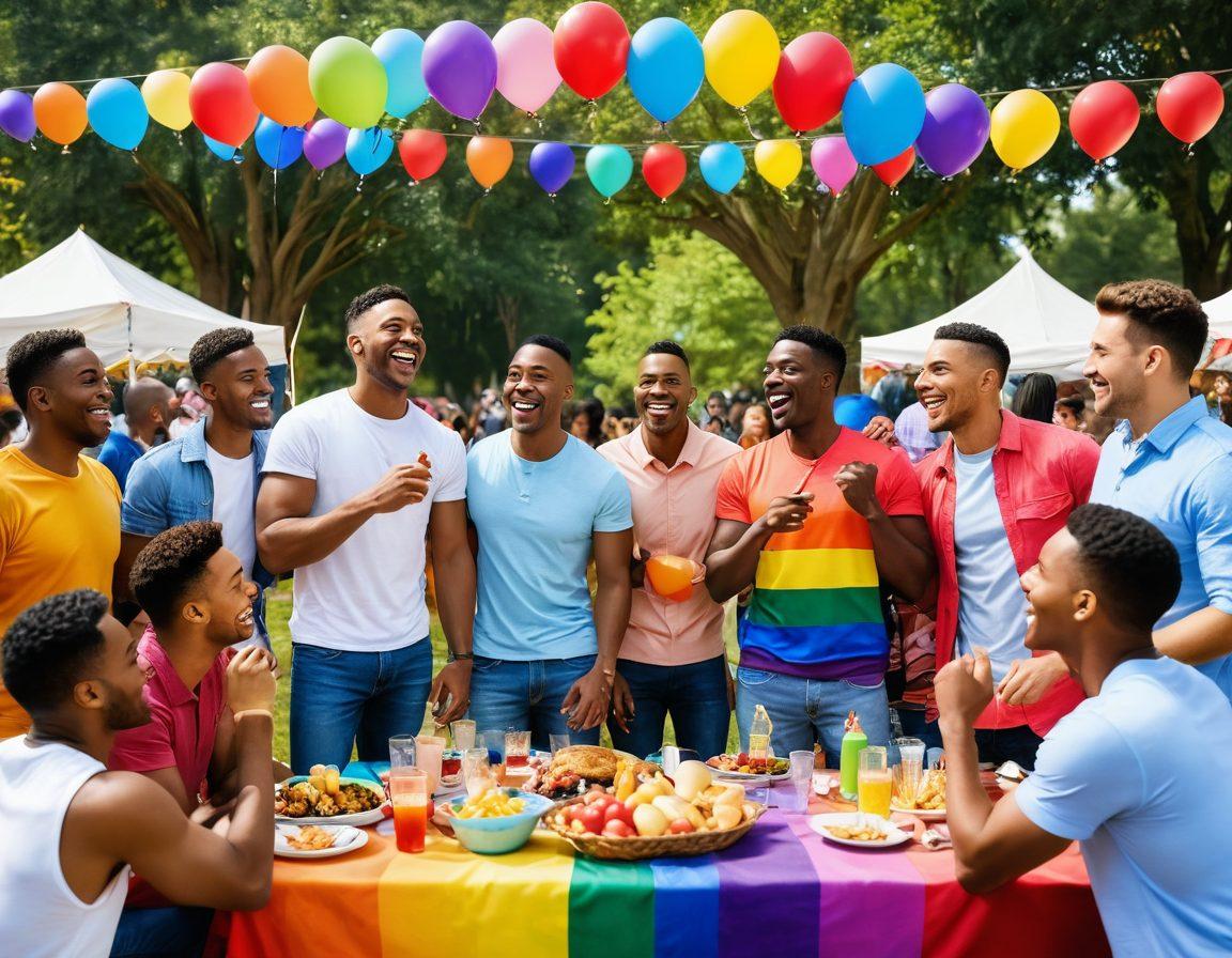 A vibrant scene showcasing a diverse group of gay men engaging cheerfully in a community gathering, surrounded by colorful banners symbolizing love and acceptance. Incorporate elements like a communal picnic setup with various cultural cuisines, laughter, and supportive interactions. The background should feature a park with rainbow-colored trees and balloons, epitomizing joy and connection. super-realistic. vibrant colors.